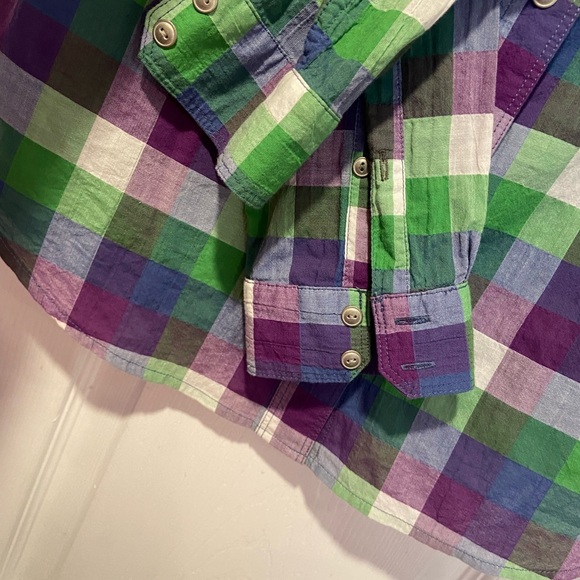 Eddie Bauer Size S Cotton Roll Tab Sleeve Button Down Shirt Green Purple Check - Picture 7 of 12